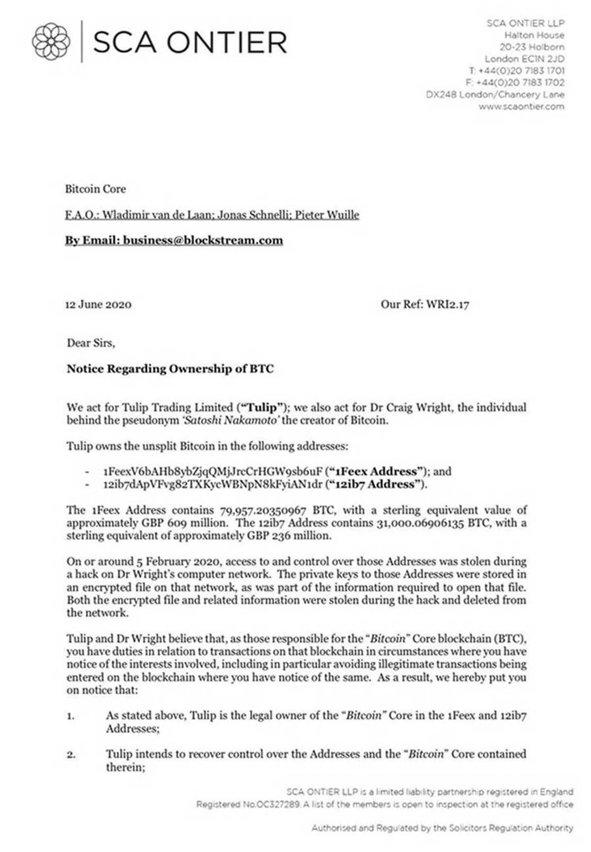 A Letter From Dr. Wright’s Counsels to Bitcoin Core Developer Wladimir van der Laan and Blockstream.